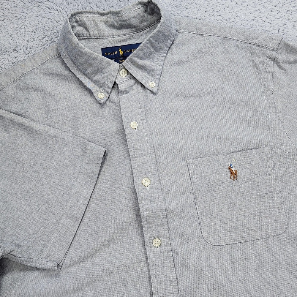 Ralph Lauren Shirt Mens Large Gray Slim Fit Short Sleeve Button Down Cotton